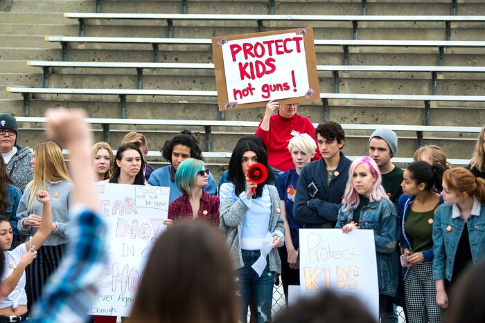 (Chris Detrick  |  The Salt Lake Tribune)  Student Organizer Ermiya Fanaeian speaks during a nationwide demonstration for better gun safety laws at Highland High School in Salt Lake City Thursday, March 15, 2018. Students at more than 30 schools along the Wasatch Front, nearly all of them high schools, particiapted in the 17-minute walkout Ñ one minute for each of the Florida students killed.