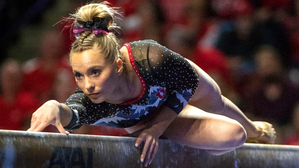 (Rick Egan  |  The Salt Lake Tribune)    MyKayla Skinner competes on the balance beam for Utah, in the PAC-12 Gymnastics Championships at the Maverik Center, Saturday, March 23, 2019.