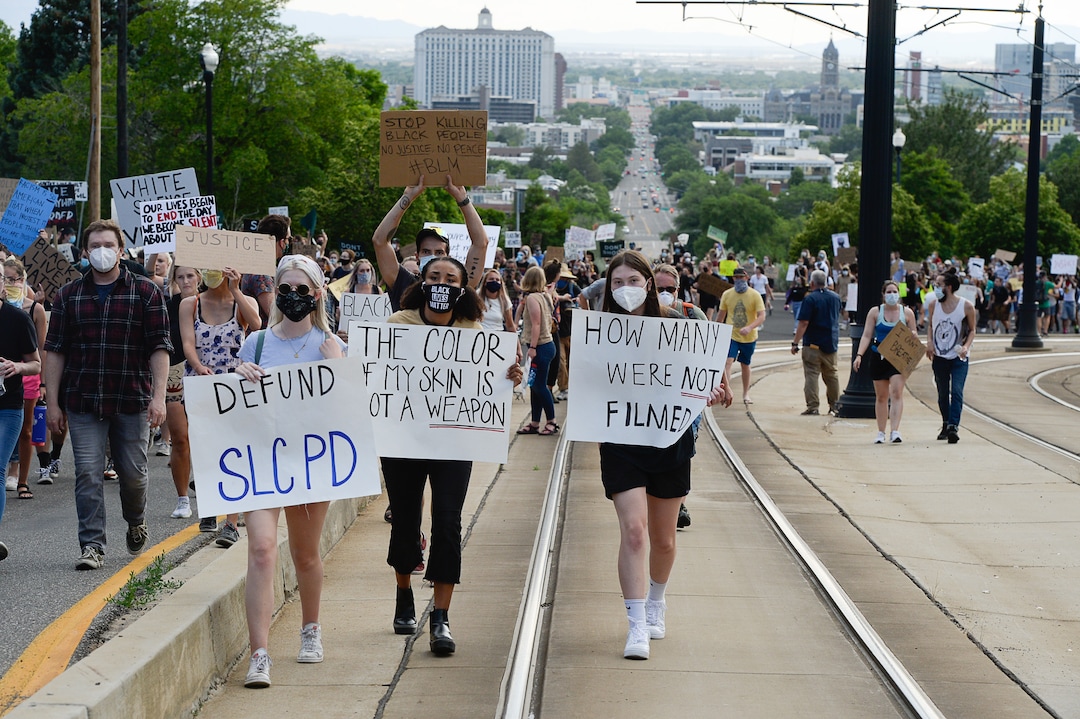 (Francisco Kjolseth  |  The Salt Lake Tribune) Demonstrators protesting against police brutality make their way to the University of Utah on Wednesday, June 3, 2020, in Salt Lake City, as the initially set 8 p.m. weeklong curfew was removed.