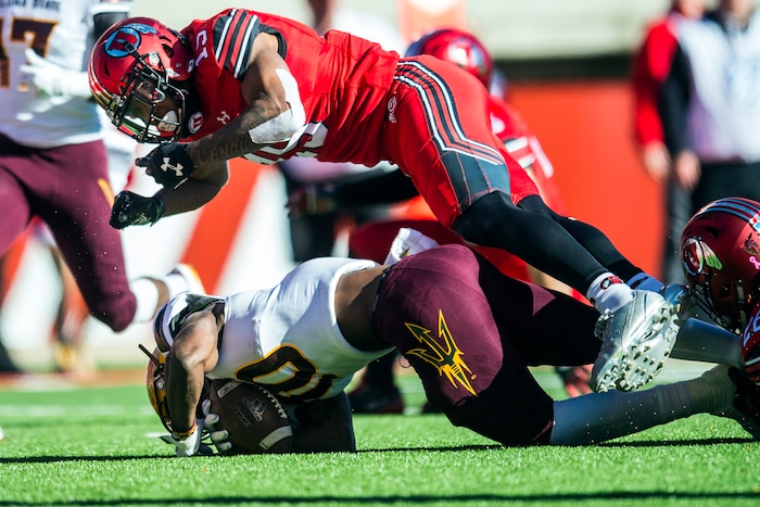 (Chris Detrick  |  The Salt Lake Tribune)  Utah Utes defensive back Corrion Ballard (15) targets Arizona State Sun Devils wide receiver Kyle Williams (10) during the game at Rice-Eccles Stadium Saturday, October 21, 2017.  Arizona State Sun Devils defeated Utah Utes 30-10.