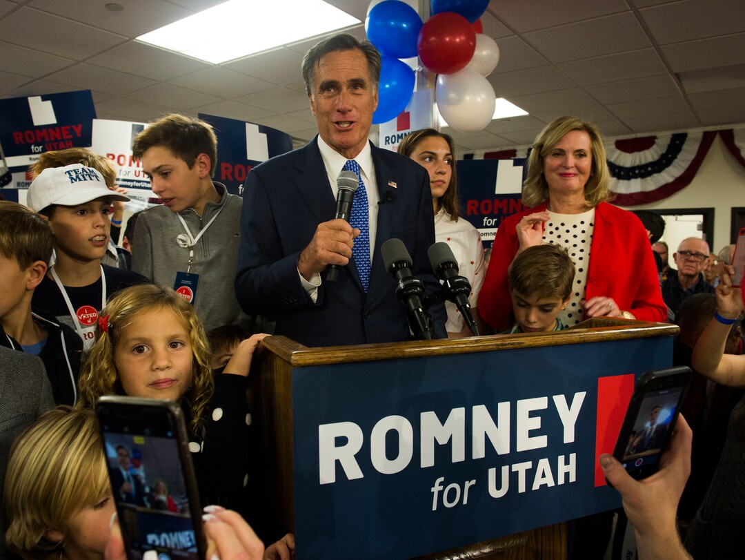 (Rick Egan  |  The Salt Lake Tribune)   Mitt Romney gives his victory speech, at the Romney Headquarters, in Orem, on election night, Tuesday, Nov. 6, 2018.