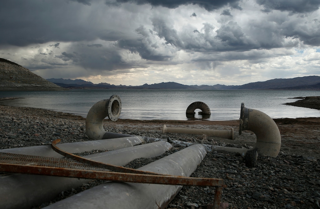 (John Locher  |  AP file photo)  In this May 18, 2015, photo, water intake pipes that were once underwater sit above the water line along Lake Mead near Boulder City, Nev. U.S. government water managers said Wednesday, Aug. 15, 2018, that Lake Mead will be able to meet the demands of Mexico and Southwestern U.S. states for the next 13 months, but a looming shortage could trigger cutbacks in late 2019. Lake Mead is on the Colorado River, which serves 40 million people and 6,300 square miles of farmland in Arizona, California, Colorado, Nevada, New Mexico, Utah and Wyoming as well as Mexico.
