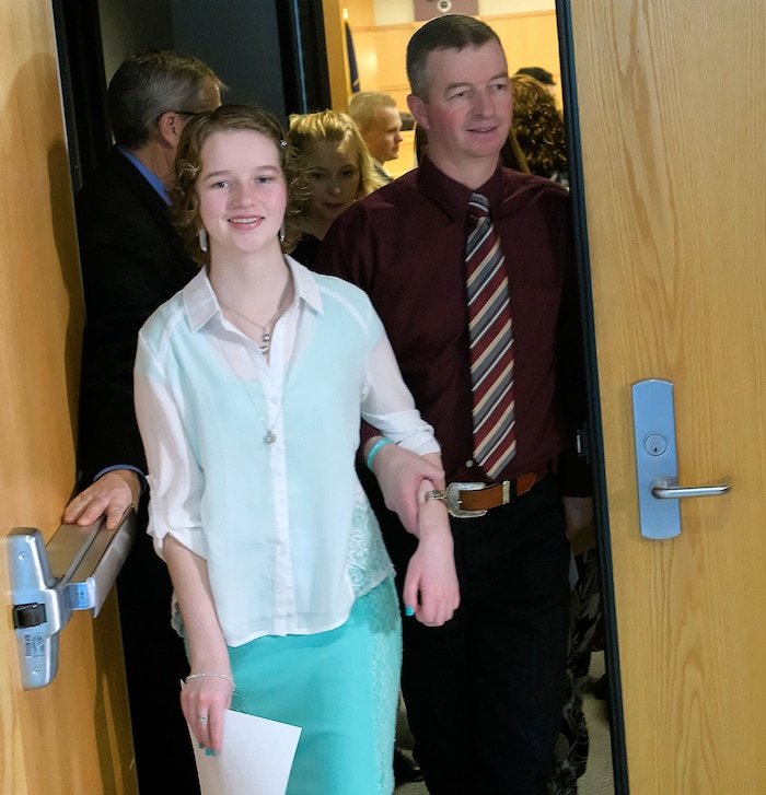 (Eli Lucero  |  Pool Photo)  Deserae Turner leaves the courtroom with her father Matt Turner following Jayzon Decker's sentencing hearing for attempted aggravated murder and obstructing justice, Wednesday, Feb. 7, 2018, in Logan, Utah. Decker received a sentence of 15 years to life for planning and being present at the shooting of Deserae Turner in February 2017, and leaving her for dead in a dry irrigation canal in Smithfield, Utah.