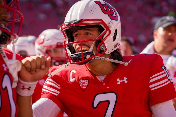 (Trent Nelson  |  The Salt Lake Tribune) Utah Utes quarterback Cameron Rising (7) celebrates the win as the University of Utah hosts Washington State, NCAA football in Salt Lake City on Saturday, Sept. 25, 2021.
