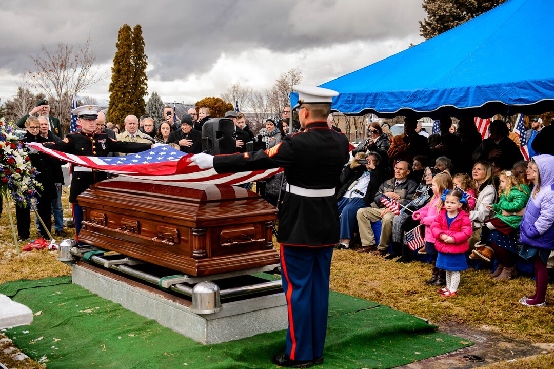 (Trent Nelson  |  The Salt Lake Tribune)
Services for Marine Pfc. Robert J. Hatch at the Bountiful City Cemetery on Saturday, Dec. 14, 2019. Hatch was killed in action Nov. 22, 1943, on the island of Betio.