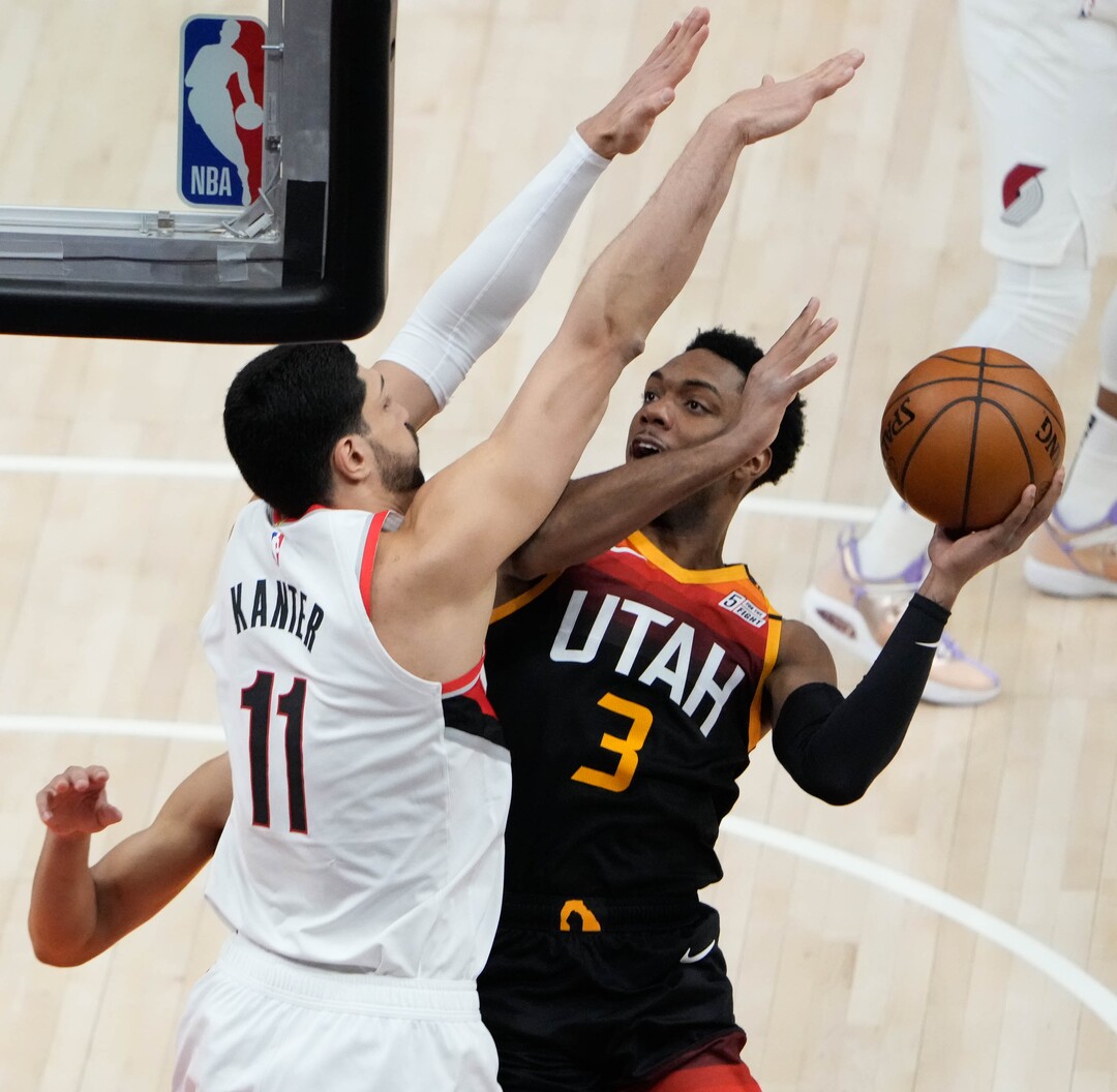 (Francisco Kjolseth | The Salt Lake Tribune) Utah Jazz guard Trent Forrest (3) os pressured by Portland Trail Blazers center Enes Kanter (11) in NBA action between the Utah Jazz and the Portland Trail Blazers, at Vivint Smart Home Arena, on Wednesday, May 12, 2021.