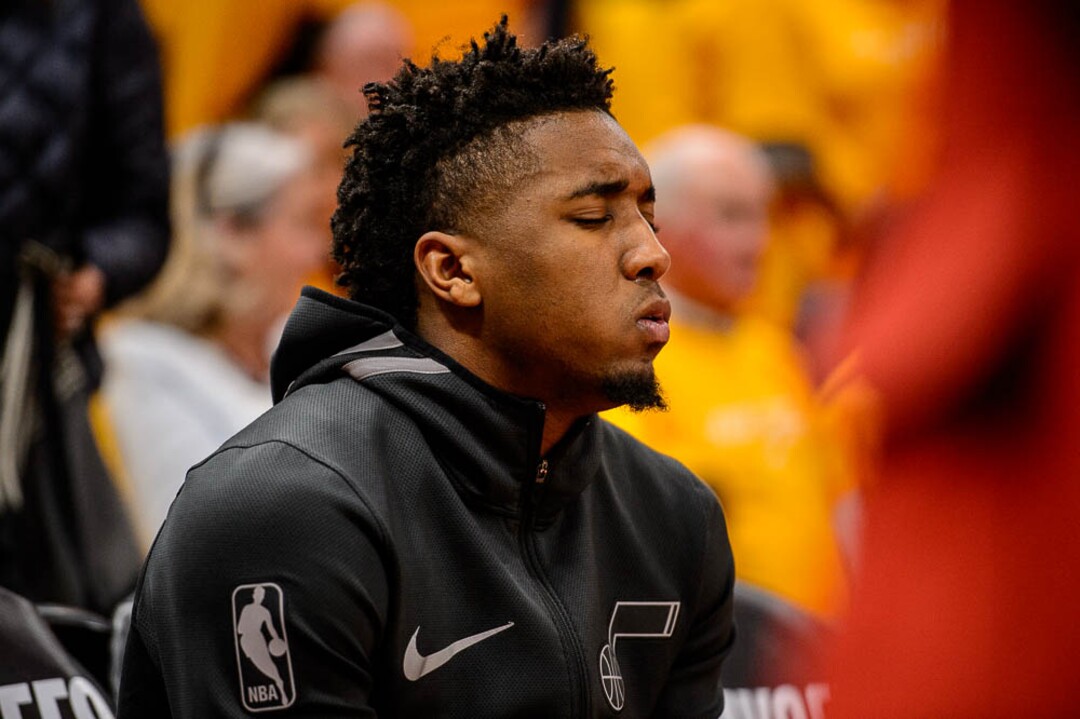 (Trent Nelson | The Salt Lake Tribune)  Utah Jazz host the Oklahoma City Thunder, Game 3, NBA playoff basketball in Salt Lake City, Saturday April 21, 2018. Utah Jazz guard Donovan Mitchell (45) on the bench pre-game.