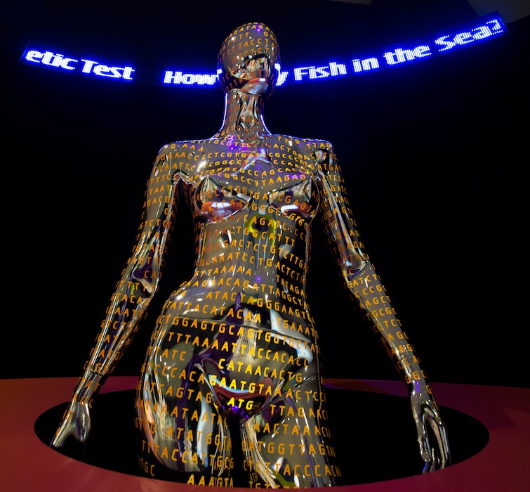 Steve Griffin / The Salt Lake Tribune
The Natural History Museum of Utah exhibit "Genome: Unlocking Life's Code," explored how scientists (including many from University of Utah Health Sciences) have unlocked the mysteries of the human genome for the benefit of humankind. Here a mannequin
is covered in genetic code at the museum in Salt Lake City Thursday May 19, 2016.