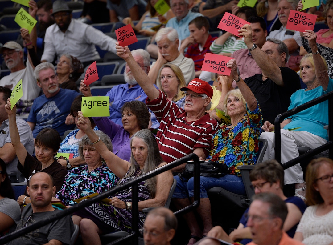 (Scott Sommerdorf   |  The Salt Lake Tribune)   
The crowd reacted as Congressman Rob Bishop addressed questions during his town hall meeting held at Layton Christian Academy in Layton, Utah, Friday, August 25, 2017.