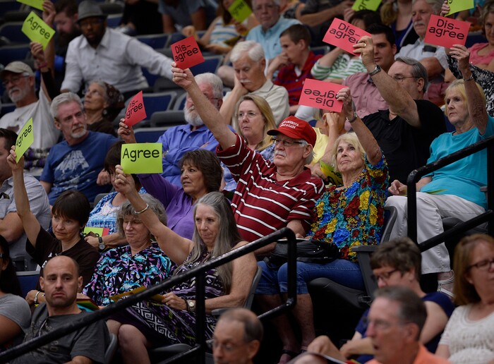 (Scott Sommerdorf   |  The Salt Lake Tribune)   
The crowd reacted as Congressman Rob Bishop addressed questions during his town hall meeting held at Layton Christian Academy in Layton, Utah, Friday, August 25, 2017.