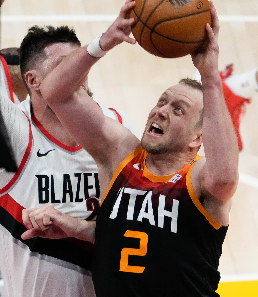 (Francisco Kjolseth | The Salt Lake Tribune) Utah Jazz guard Joe Ingles (2) tries to get to the basket in NBA action between the Utah Jazz and the Portland Trail Blazers, at Vivint Smart Home Arena, on Wednesday, May 12, 2021.