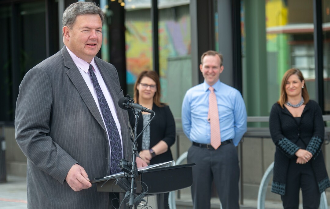(Rick Egan  |  The Salt Lake Tribune)      Carlton Christensen, Chairman of the Utah Transit Authority Board makes a few comments at the celebration of the new double-track rail line for the S-Line Sugar House Streetcar, Friday, April 5, 2019.