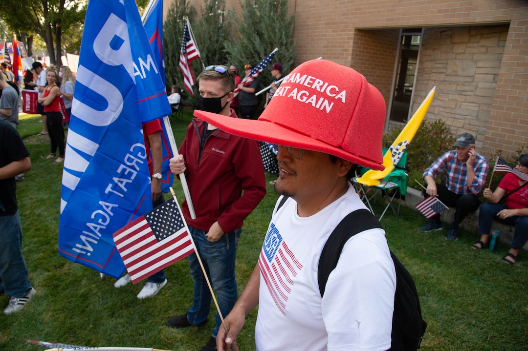 (Francisco Kjolseth  |  The Salt Lake Tribune) Supporters of President Donald Trump rally outside of Kingsbury Hall on the University of Utah campus in Salt Lake City on Wednesday, Oct. 7, 2020, before the vice presidential debate.