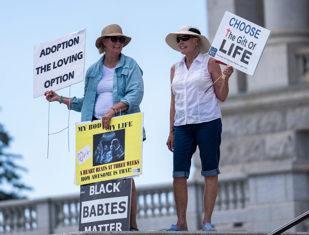 (Rick Egan | The Salt Lake Tribune)  Members of Abortion Free Utah and other groups meet at the Capitol to celebrate the end of Roe v. Wade, on Saturday, July 2, 2022. Utah GOP leaders appear to have stopped delegates from voting on supporting an IVF ban.