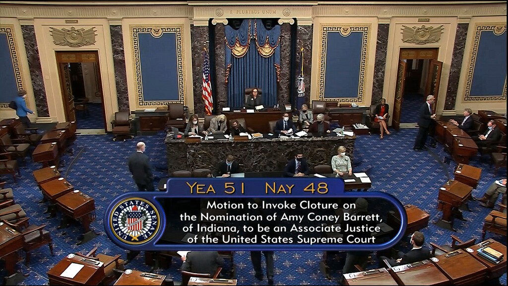 (Senate Television via AP)  In this image from video, the vote total in the U.S. Senate to advance the nomination of Supreme Court nominee Amy Coney Barrett for a final confirmation vote at the U.S. Capitol in Washington, Sunday, Oct. 25, 2020.
