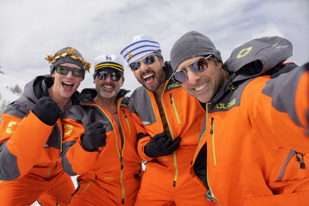(Fred Hayes  |  HBO) Tech moguls, from left, Venis (Cory Michael Smith), Randall (Steve Carell), Jeff (Ramy Youssef) and Souper (Jason Schwartzman) have fun out in the Utah snow, in a scene from "Mountainhead," written and directed by Jesse Armstrong.