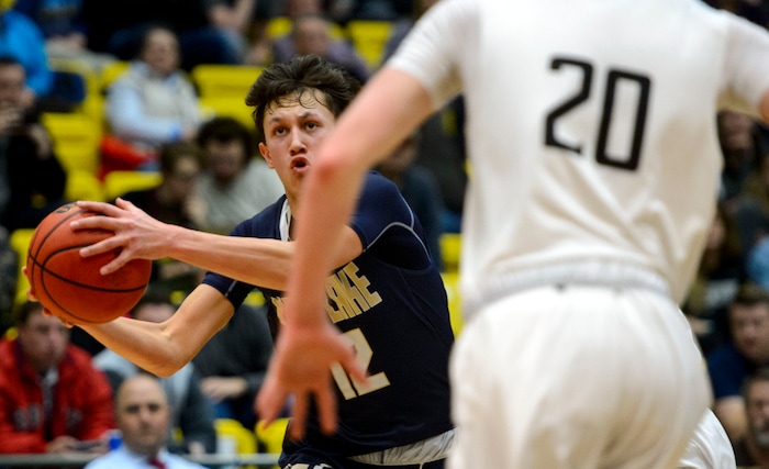 (Steve Griffin | The Salt Lake Tribune) Westlake's Kekoa Baker drives to the hoop during the 6A basketball playoff game against Riverton at the Utah Valley UniversityÕs UCCU Center in Provo Tuesday Feb. 27, 2018.