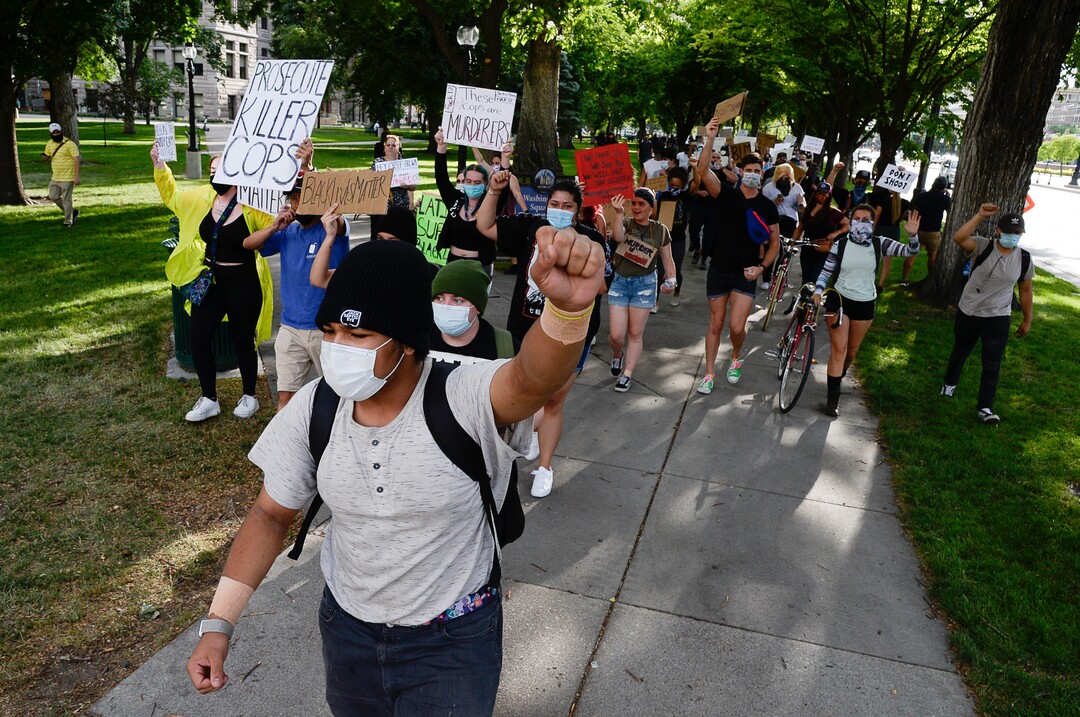 (Francisco Kjolseth  |  The Salt Lake Tribune) Demonstrators protest against police brutality on Tuesday, June 2, 2020, in downtown Salt Lake City, as an 8 p.m. weeklong curfew remains in order.