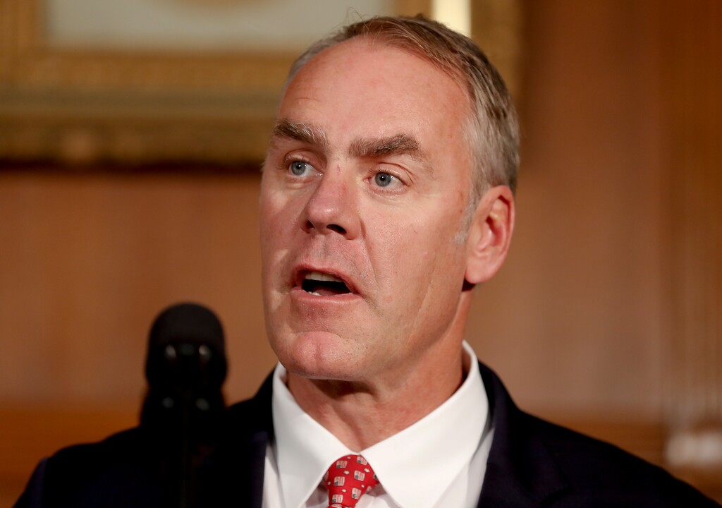 In this photo taken April 26, 2017, Interior Secretary Ryan Zinke speaks at the Interior Department in Washington. Ryan Zinke is recommending that the new Bears Ears National Monument in Utah be reduced in size and says Congress should step in to designate how selected areas of the 1.3 million-acre site are categorized.  (AP Photo/Carolyn Kaster)