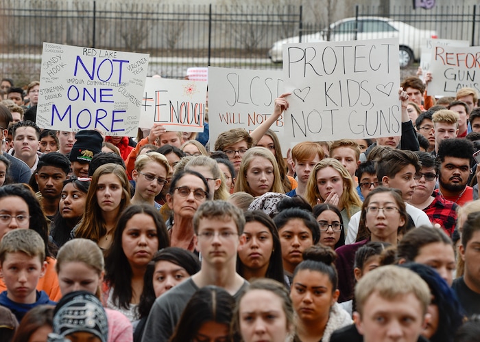 (Francisco Kjolseth  |  The Salt Lake Tribune)  West High School students listen to fellow students demand for gun reform and school safety after walking out of classes in Salt Lake, during a student walkout on Wed. March 14, 2018. Students in Utah and around the country planned the large-scale coordinated demonstration to protest gun violence and memorialize victims of last month's mass shooting at Marjory Stoneman Douglas High School in Parkland, Fla.