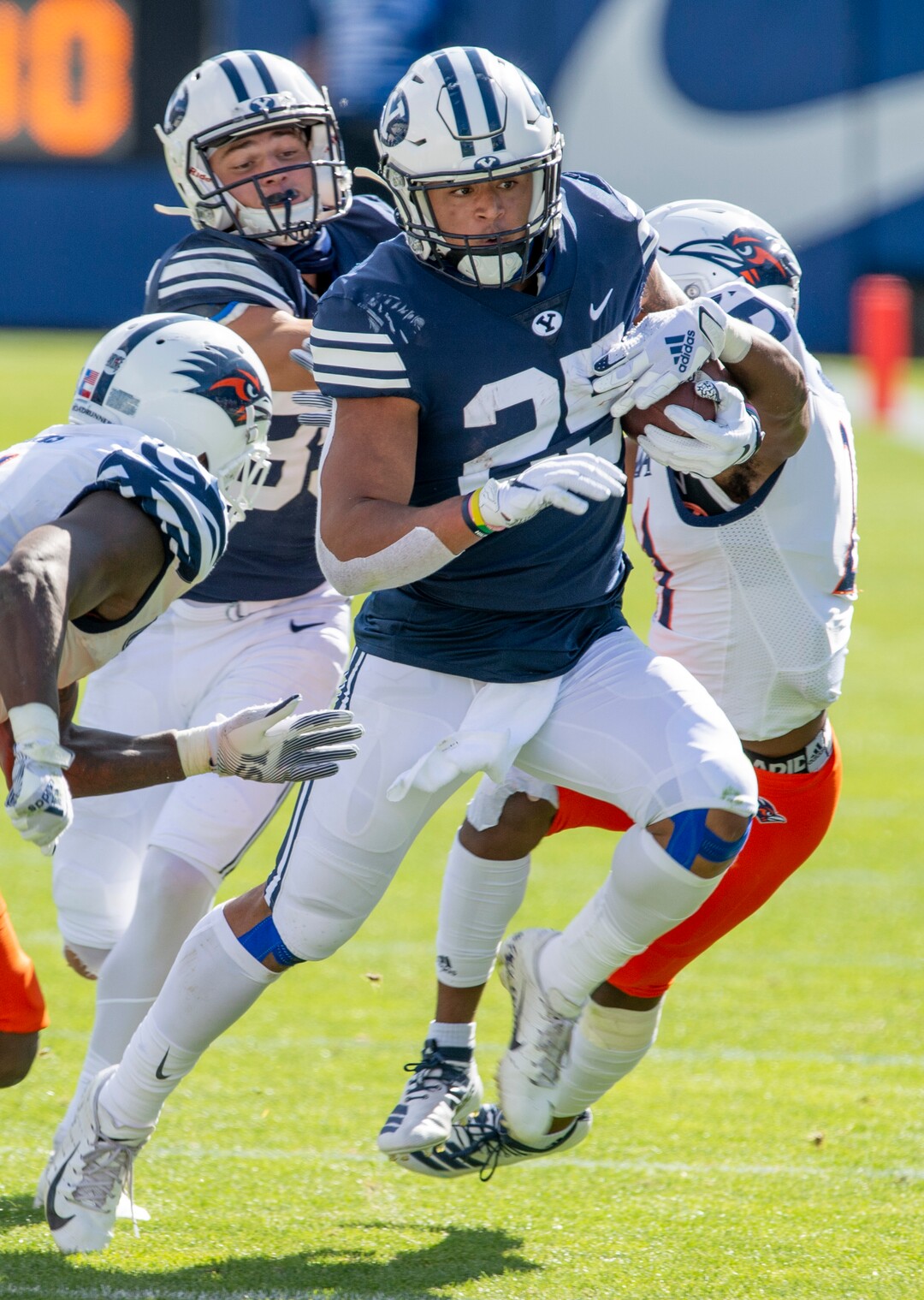 (Rick Egan  |  The Salt Lake Tribune)  Brigham Young running back Tyler Allgeier (25) runs the ball for the Cougars, in football action between the Brigham Young Cougars and the UTSA Roadrunners, at Lavell Edwards stadium, Saturday, Oct. 10, 2020.