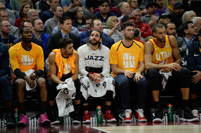 (Francisco Kjolseth  |  The Salt Lake Tribune)  The Jazz bench wait their turn against the Sacramento Kings during the NBA game at Vivint Smart Home Arena Wed., Nov. 21, 2018, in Salt Lake City.