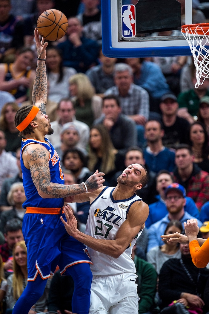 (Chris Detrick  |  The Salt Lake Tribune)  New York Knicks forward Michael Beasley (8) shoots past Utah Jazz center Rudy Gobert (27) during the game at Vivint Smart Home Arena Friday, January 19, 2018.  