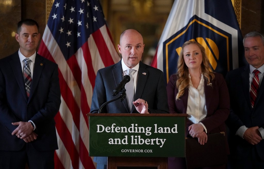 (Bethany Baker  |  The Salt Lake Tribune) Gov. Spencer Cox speaks during a press conference on efforts to protect Utah citizens, the agriculture community, and institutions from adversarial foreign influence at the Utah Capitol on Thursday, Feb. 12, 2026.