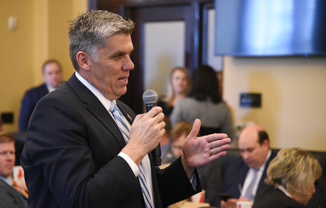(Francisco Kjolseth  |  The Salt Lake Tribune)  Rep. Phil Lyman, R-Blanding, asks Sen. Mitt Romney about efforts to change the Antiquities Act during a meeting with state lawmakers at the Utah Capitol on Thursday, Feb. 21, 2019.