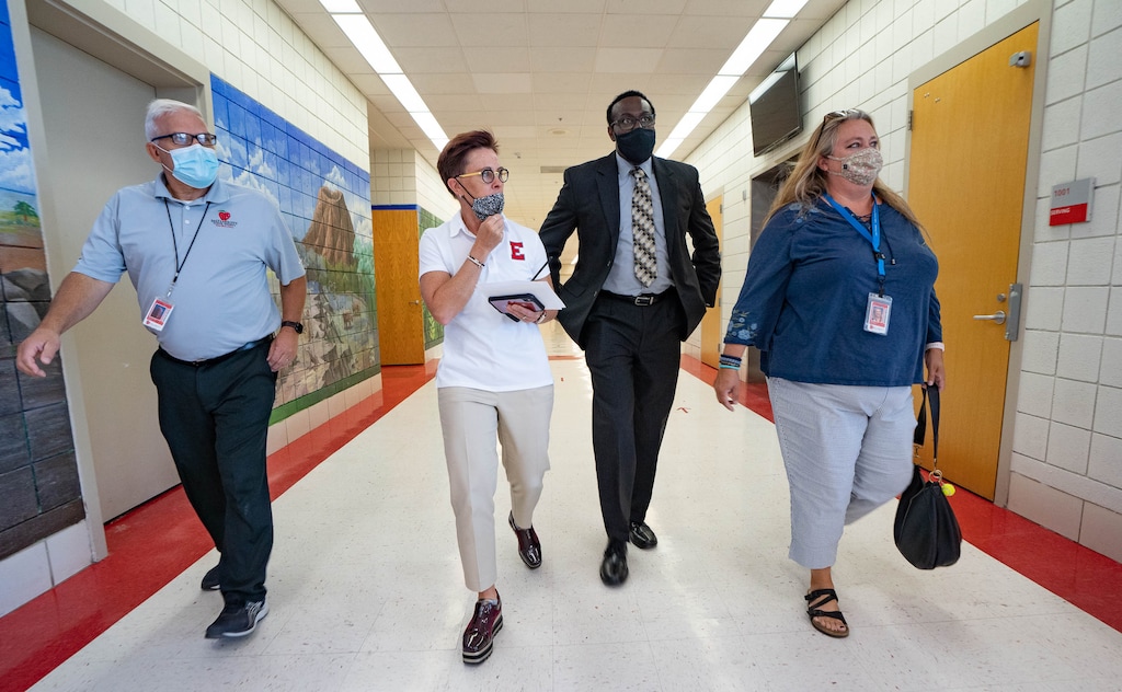 (Francisco Kjolseth | The Salt Lake Tribune) Salt Lake City School District Superintendent Timothy Gadson, center right, on a tour East High School on the first day back for the fall session on Tuesday, Aug. 24, 2021.
