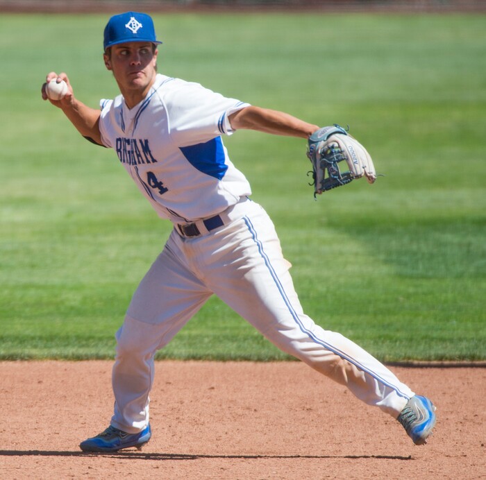 (Rick Egan  |  The Salt Lake Tribune)  Noah Wallick throws to first for an out for Bingham in 6A state baseball championship action between Riverton and Bingham, at UVU in Orem, Friday, May 25, 2018.