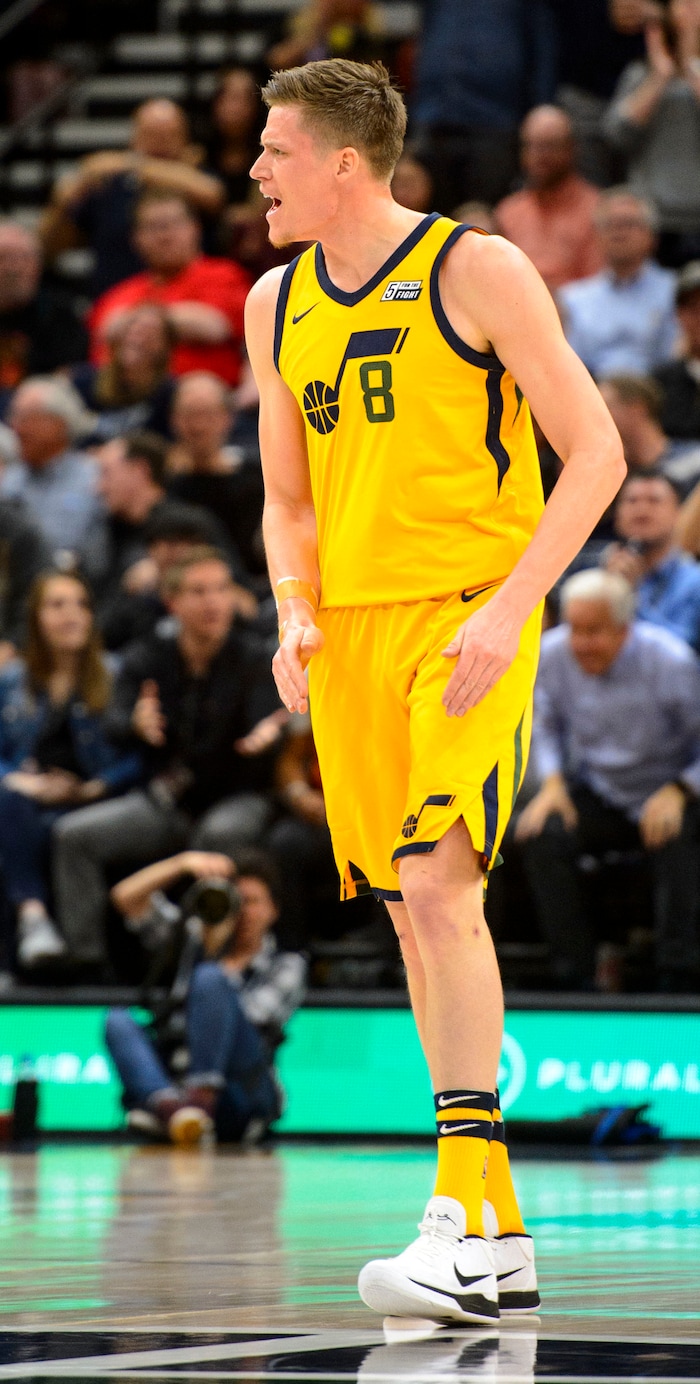 (Steve Griffin  |  The Salt Lake Tribune) Utah Jazz forward Jonas Jerebko (8) gets fired up after nailing a three-pointer  during the Utah Jazz versus Detroit Pistons at Vivint Smart Home Arena in Salt Lake City Tuesday March 13, 2018.