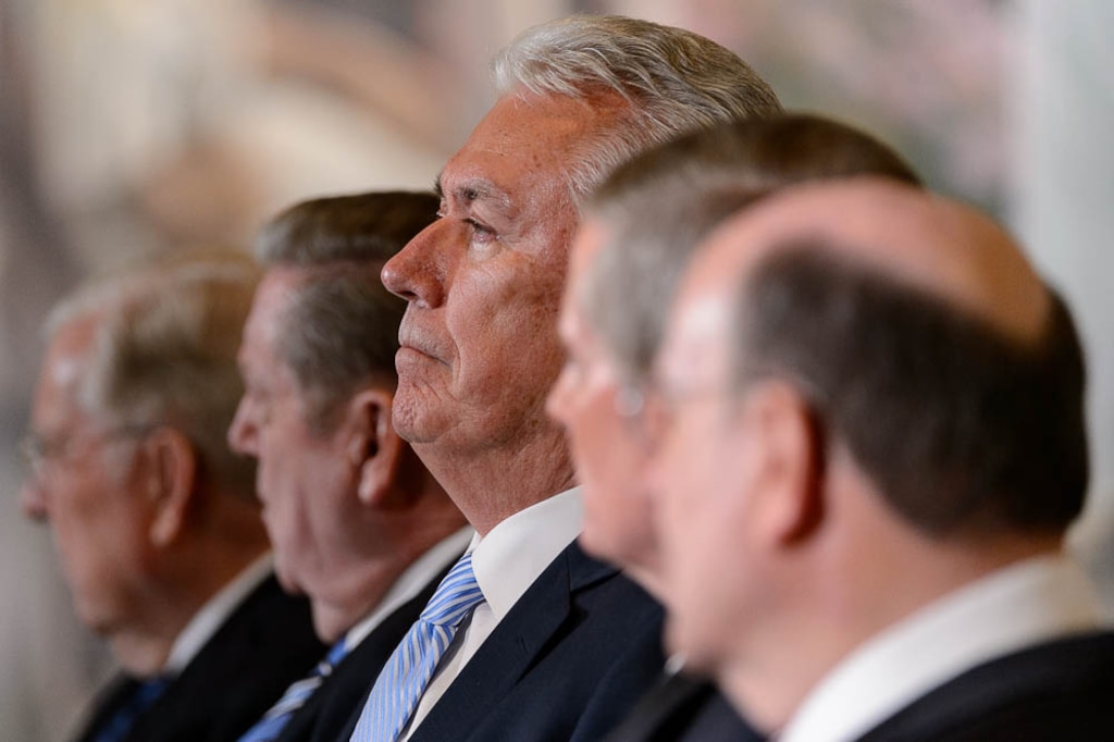 (Trent Nelson | The Salt Lake Tribune) Dieter F. Uchtdorf sits with other members of the Quorum of the Twelve Apostles at a news conference in the lobby of the Church Office Building in Salt Lake City, Tuesday, Jan. 16, 2018. Russell M. Nelson was named the 17th president of the nearly 16 million-member Church of Jesus Christ of Latter-day Saints.