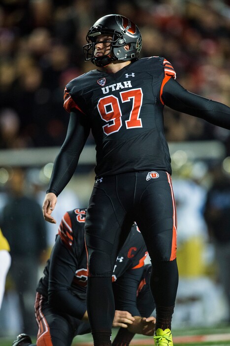 (Chris Detrick  |  The Salt Lake Tribune)  Utah Utes place kicker Matt Gay (97) kicks a point after touchdown during the game at Rice-Eccles Stadium Friday, November 3, 2017.   