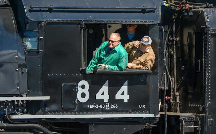 Leah Hogsten  |  The Salt Lake Tribune  l-r  Steve Lee and the crew of the Living Legend No. 844 watch as the Big Boy No. 4014 arrives in Ogden during ThursdayÕs ceremony. In celebration for the 150th anniversary of the transcontinental railroadÕs completion, Union Pacific's iconic steam locomotives, Living Legend No. 844 and Big Boy No. 4014 met at Ogden Union Station, May 9, 2019.