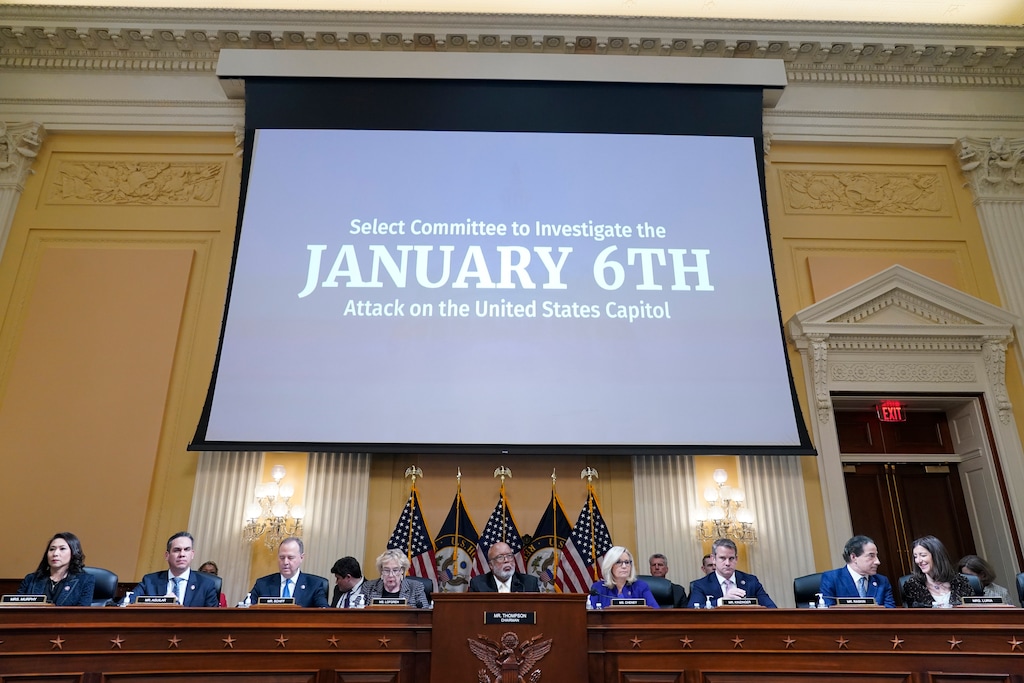 (Jacquelyn Martin | AP) From left Rep. Stephanie Murphy, D-Fla., Rep. Pete Aguilar, D-Calif., Rep. Adam Schiff, D-Calif., Rep. Zoe Lofgren, D-Calif., Chairman Bennie Thompson, D-Miss., Vice Chair Liz Cheney, R-Wyo., Rep. Adam Kinzinger, R-Ill., Rep. Jamie Raskin, D-Md., and Rep. Elaine Luria, D-Va., arrive as the House select committee investigating the Jan. 6 attack on the U.S. Capitol holds its final meeting on Capitol Hill in Washington, Monday, Dec. 19, 2022.