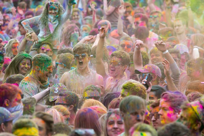(Rick Egan  |  The Salt Lake Tribune)       Revelers dance to the sounds of Aakansha Bollypop, during the 22nd annual Holi Festival of Colors at the Sri Sri Radha Krishna Temple in Spanish Fork, Saturday, March 24, 2018. The festival which celebrates the beginning or spring is also known as at the Festival of Love.