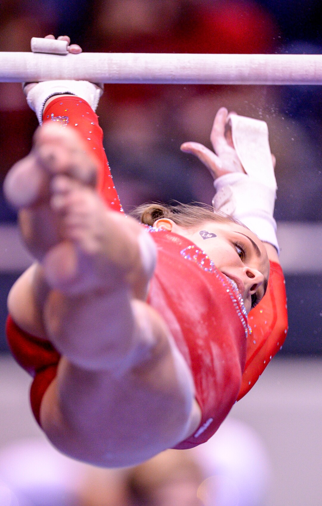 Leah Hogsten  |  The Salt Lake Tribune Utah's Hunter Dula on the bars as No. 3 University of Utah gymnastics team meets BYU gymnastics at the Marriot Center, Jan. 10, 2019.