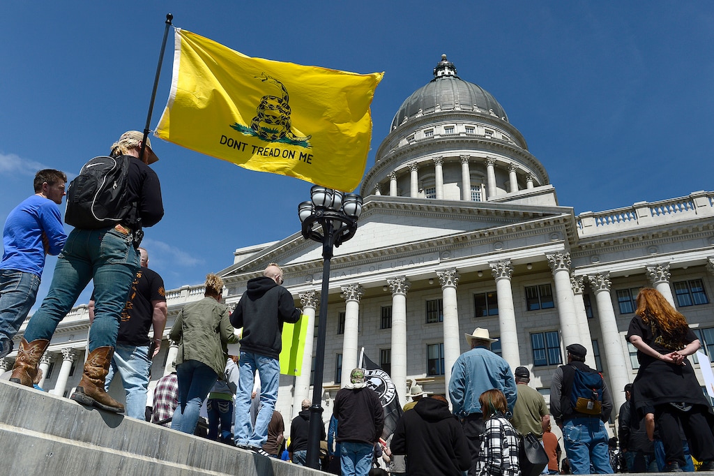 (Scott Sommerdorf | The Salt Lake Tribune) A group calling themselves Citizens and Students For Liberty (SFL) gathered at the Utah State Capitol on Saturday to show their support for the Second Amendment, Saturday, April 14, 2018.