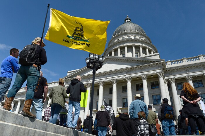 (Scott Sommerdorf | The Salt Lake Tribune)
A group calling themselves Citizens and Students For Liberty (SFL) gathered at the Utah State Capitol on Saturday to show their support for the Second Amendment, Saturday, April 14, 2018.
