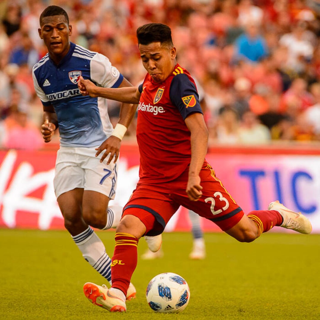 (Trent Nelson | The Salt Lake Tribune)  Real Salt Lake hosts FC Dallas, MLS soccer at Rio Tinto Stadium in Sandy, Saturday July 7, 2018. Real Salt Lake midfielder Sebastian Saucedo (23) takes a shot.