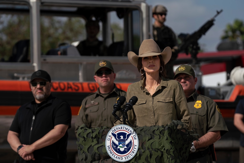 U.S. Secretary of Homeland Security Kristi Noem addresses the press on a property near the Rio Grande River on Wednesday, Jan. 7, 2026, in Brownsville, Texas. (AP Photo/Gabriel V. Cardenas)
