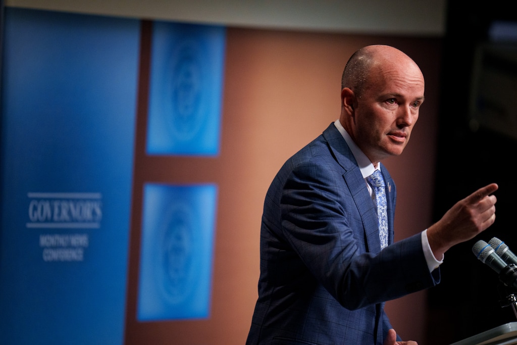 (Trent Nelson  |  The Salt Lake Tribune) Gov. Spencer Cox at his monthly news conference in Salt Lake City on Friday, July 19, 2024.