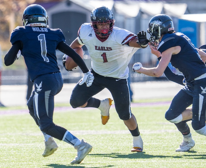 (Rick Egan | The Salt Lake Tribune) Layton Christian Academy running back Manu Lutui Vaitaki (1) runs the ball for the eagles, in 1A Football Championship action between the Duchesne Eagles and the Layton Christian Academy Eagles, at the Elizabeth Dee Shaw Stewart Stadium in Ogden, on Saturday, Nov. 13, 2021.