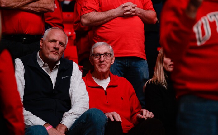 (Francisco Kjolseth  |  The Salt Lake Tribune)  Utah Jazz alumni Mark Eaton and coach Jerry Sloan get ready to take in a game as the University of Utah hosts UCLA in NCAA basketball at the Huntsman Center in Salt Lake City, Thursday, Feb. 22, 2018.