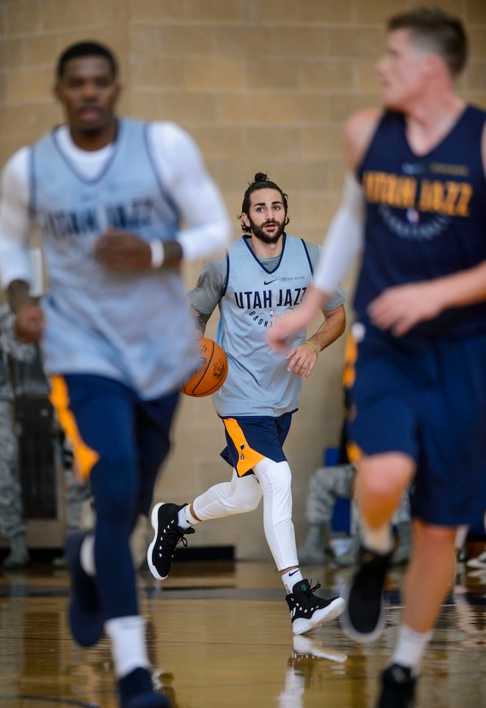 (Steve Griffin  |  The Salt Lake Tribune)    New Jazz guard Ricky Rubio brings the ball up court as the Jazz scrimmage in the Warrior Fitness Center on Hill Air Force Base as a part of a "Hoops for Troops" promotion Ogden Friday September 29, 2017. It's also Utah's first public scrimmage of the season, and the first look at how the new pieces of the team will work together. 
