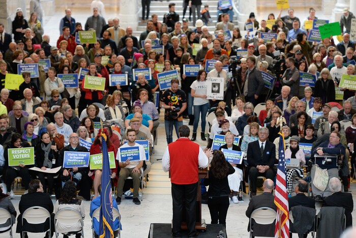 (Francisco Kjolseth  |  The Salt Lake Tribune)  Over 300 demonstrators fill the Capitol rotunda on Monday, Jan, 28, 2019, on the first day of the Legislative session to rally in support of protecting Proposition 3, the Medicaid Expansion law recently passed by voters.