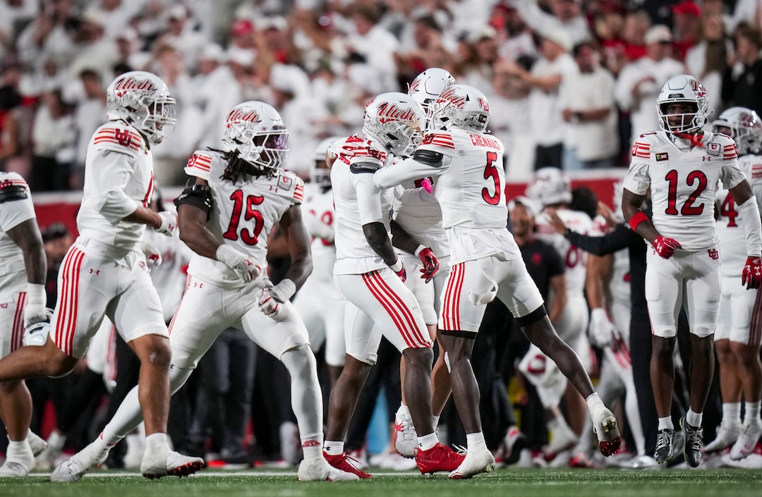 (Bethany Baker  |  The Salt Lake Tribune) Utah Utes celebrate as they force a turnover on downs during the game between the Utah Utes and the Kansas Jayhawks at Rice-Eccles Stadium in Salt Lake City on Saturday, Oct. 10, 2026.