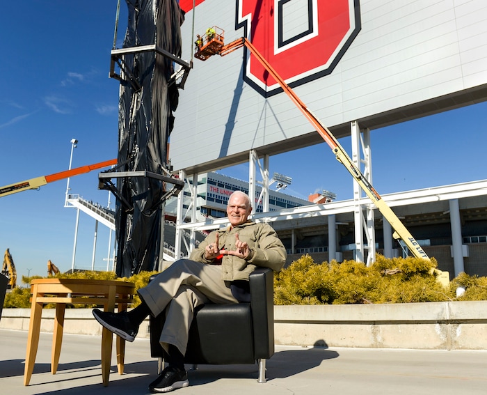 (Leah Hogsten | The Salt Lake Tribune) Spence Eccles, Chairman and CEO of George S. and Dolores Dore Eccles Foundation poses for photographs in front of University of Utah's Rice-Eccles Stadium, in honor of his father George Eccles. Workers with Layton Construction and Mountain Crane began dismantling the 2002 Winter Olympic Cauldron located on the stadium complex, Thursday, Feb. 13, 2020. As part of the stadium's expansion project, the 19-year old cauldron will be restored to its former brilliance and re-installed on the grounds of Rice-Eccles Stadium, north of the ticket office, in 2021.