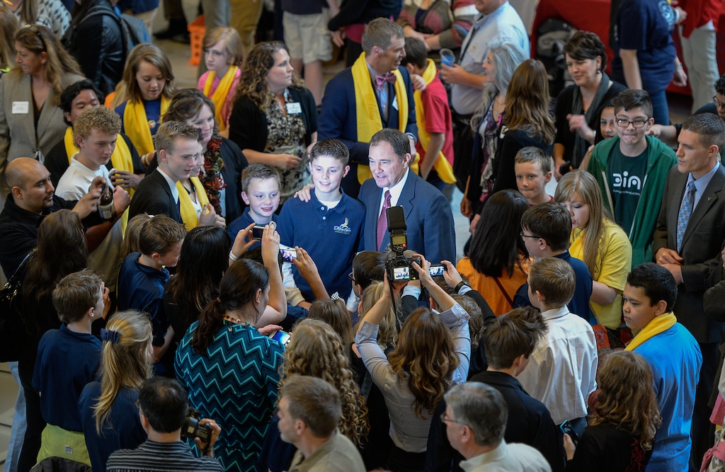 (Francisco Kjolseth  |  The Salt Lake Tribune) Students from multiple charter school's gather with Governor Gary Herbert for pictures during Charter School day at the Utah State Capitol on Friday, Jan. 30, 2015.